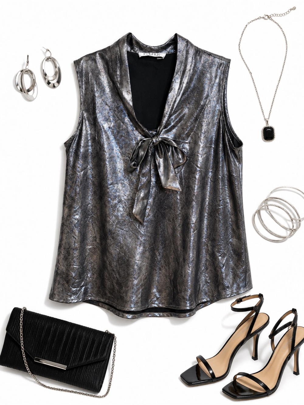 Metallic Black Tie-Neck Sleeveless Top size L